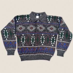 Vintage 90s Italian Diamond Pattern‎ Grandpa Sweater Wool Blend - Size Medium